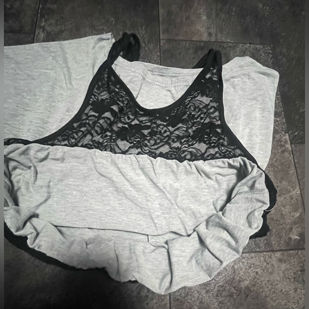 Totally 80’s Grey Off the Shoulder Top with Black Lace Overlay Tank - Picture 2 of 4
